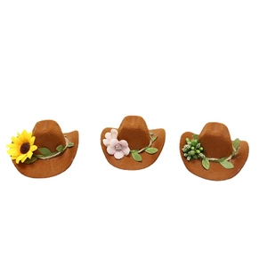 Three-piece set of mini brown cowboy wine bottle hats with flowers and green berries