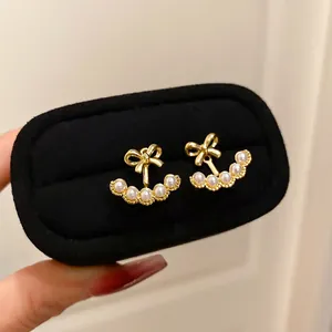 Bowknot Artificial Pearl Stud Earrings With Silver Earring Post 18K Gold Plated Fan Shaped Imitation Artificial Pearl Retro Elegant Jewelry For Women