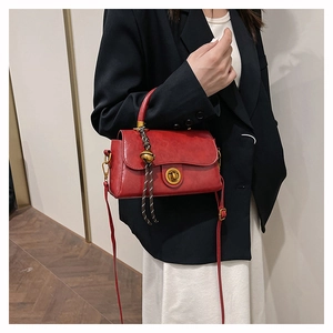 Detail of red crossbody bag with gold twist lock and knot handle shown on a model