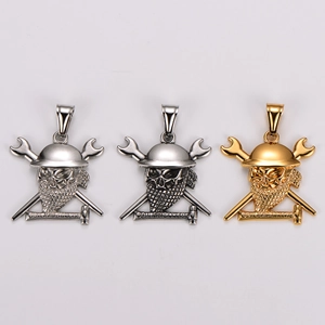 Vintage stainless steel skull pendants with helmet and crossed tools in three finishes