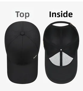 Detail view of black baseball cap showing the mesh lining and inner sweatband structure