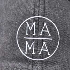 Vintage washed dark grey cotton baseball cap with white circular MAMA logo embroidery