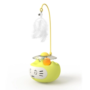 Interactive tumbler cat toy with yellow base, spinning ball, bell and white feathers