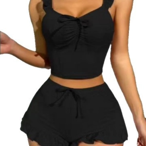 Women's sexy black two-piece set featuring cropped camisole and ruffled shorts