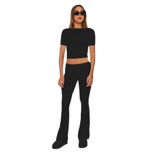 Women Solid Color Short Sleeve Top And Bottom Flare Pants Casual Patchwork Trendy Streetwear Loose Fitting Polyester Outfits