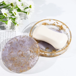 Oval purple resin soap dish with gold foil flakes and drainage lid set