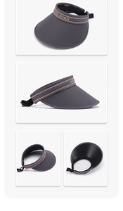 Detailed four-view of dark grey sun visor featuring letter embroidery and adjustable buckle