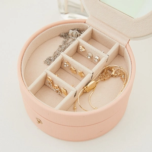 Pink semi-circle double-layer portable jewelry box with mirror and leather texture
