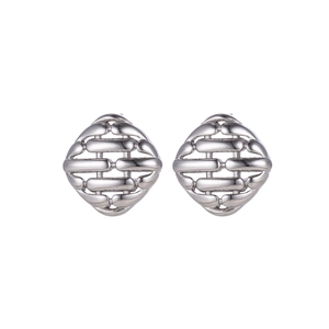 Macro detail of silver geometric hollow woven earrings with polished mirror finish