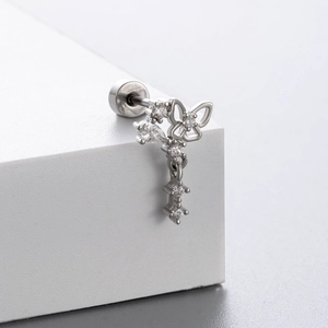 Silver titanium steel butterfly heart ear bone stud with zircon drop chain and screw back