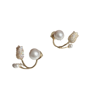 Elegant gold tulip earrings with pearls and crystals shown on a clean white background