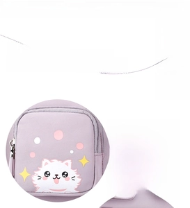 Detail of a light purple zipper pouch with cute cartoon cat print and starry patterns