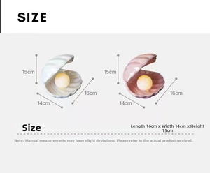Detailed dimension chart showing the 16x14x15cm shell pearl lamp size specifications