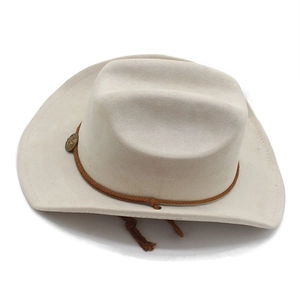 Detail view of suede cowboy hat with braided brown rope and vintage copper metal badge
