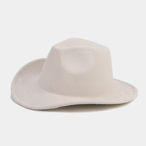 Side view of a beige wool felt fedora hat featuring a wide brim and textured material