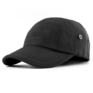 Quick-dry short brim baseball cap in black nylon, shown from a 45-degree angle
