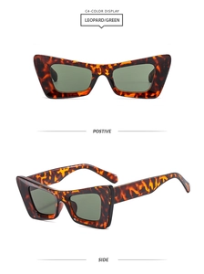 Detailed front and side views of leopard print cat eye sunglasses with dark green lenses