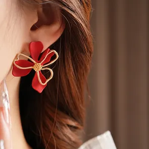 French vintage matte red flower earrings with gold edges and needle post for women