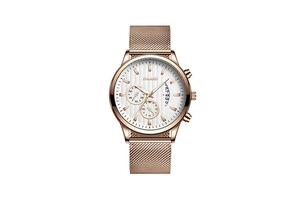 Detail of rose gold mesh band quartz watch with white dial and three sub-dials