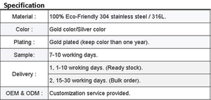 Specifications table of stainless steel bracelets showing material, colors and OEM options