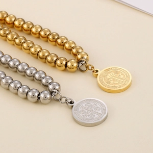 Bracciali a sfere in acciaio inossidabile oro 18K e argento con ciondolo San Benedetto