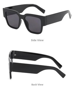 Detail view showing the wide side temples and flat back profile of rectangular sunglasses