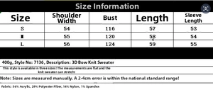 Detailed size chart for bow knot cable knit sweater showing S, M, L measurements