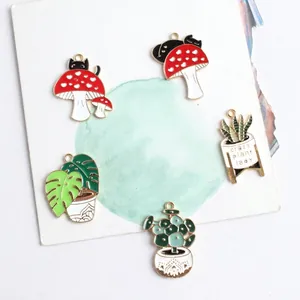 DIY enamel mushroom and plant alloy charms with black cat design for bracelets
