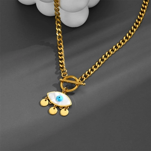 Golden Cuban chain necklace with shell evil eye pendant and T-bar toggle clasp