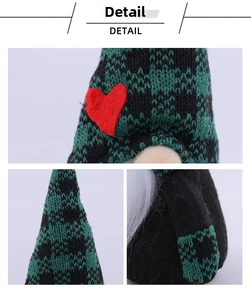 Dettaglio di uno gnomo di Natale con maglia a quadri verdi e toppa a forma di cuore