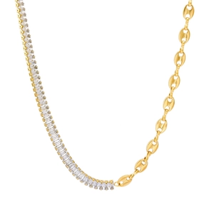 Golden titanium oval link necklace with rectangular zircon accents on a white background