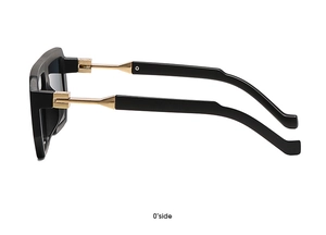 Side view of modern square sunglasses with black acetate frames and gold metal temples