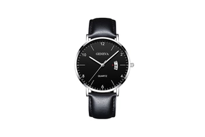 Close-up of Geneva men's quartz watch with black leather strap and luminous dial display