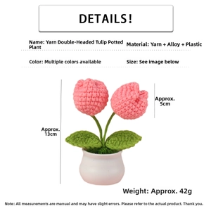 Macro detail of hand-knitted pink tulips in a white pot with size measurements