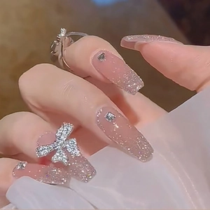 Lange Coffin Press On Nägel Pink Ombre Silber Glitzer 3D Bogen Strass Falsche Nägel Elegante Süße Maniküre Tips