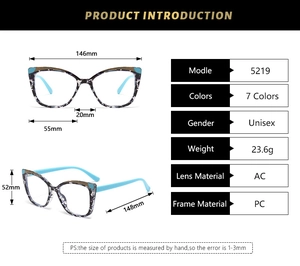 Cat-eye glasses frame dimensions with technical specifications and size details