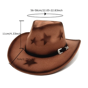 Brown western cowboy felt hat with star embossing and silver buckle 56-58cm