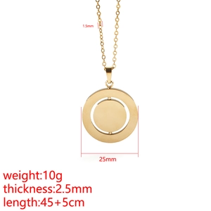 Golden stainless steel spinning pendant necklace with dimension and weight specifications