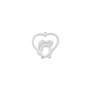Polished stainless steel heart pendant with cutout kissing couple silhouette design