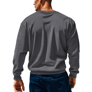 Back view of men's dark grey corduroy patchwork crewneck sweatshirt with knit texture