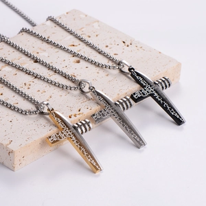 Three-color hip-hop stainless steel cross necklaces with textured religious engraving