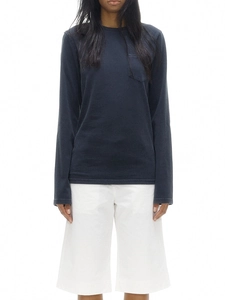 Vintage navy crew neck long sleeve cotton T-shirt with pocket and white wide-leg pants
