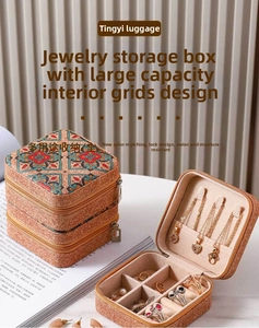 Detail of portable vintage jewelry box with bohemian patterns and velvet ring slots