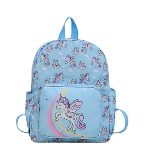 Cute light blue kids cartoon backpack with unicorn and castle prints for nursery school