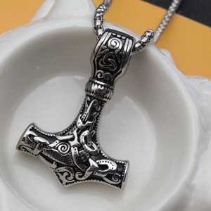 Men's vintage stainless steel Thor's hammer necklace with Celtic knot engraving details