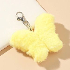 Bright yellow butterfly faux fur plush keychain with silver lobster clasp and chain