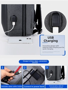 Detail showing the external USB charging port and internal connection steps for the business backpack