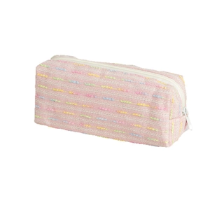 Pink tweed pencil case with colorful stripes and white zipper in a stylish rectangle shape