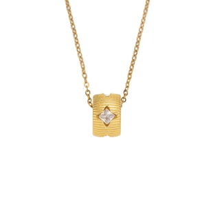 Vintage brushed gold cylinder pendant necklace with sparkling square center stone