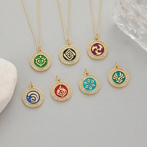 Golden ethnic tribal pendant necklace set with Genshin element icons and zircons